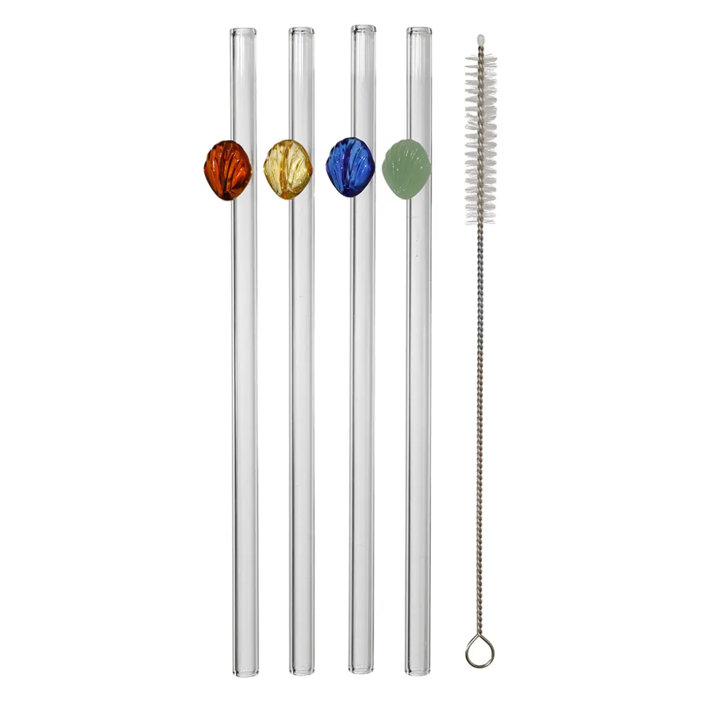 Pailles coquillage x4 en verre borosilicate multicolore avec brosse