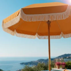Parasol à frange en tissu moutarde d200xh220cm - Gaya