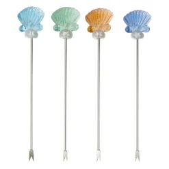 Piques à cocktail coquillage x4 en inox et verre multicolore