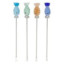 Piques à cocktail poisson x4 en inox et verre multicolore
