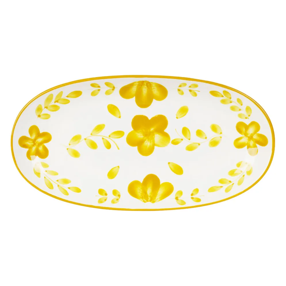Plat ovale en grès moutarde et blanc 31x16cm - Bellagio