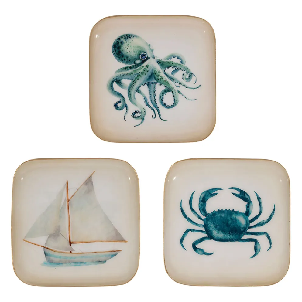 Plateau carré (x3) en fer bleu 16x16cm - Bord de mer