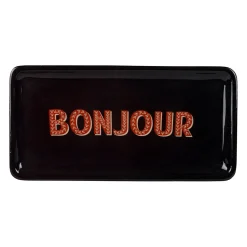 Plateau en fer "Bonjour" brun et rouge 30x15cm - Pop's