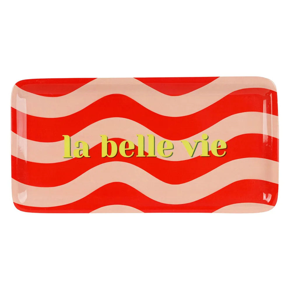 Plateau "La vie est belle" en fer corail et pêche 30x15cm - Solencia
