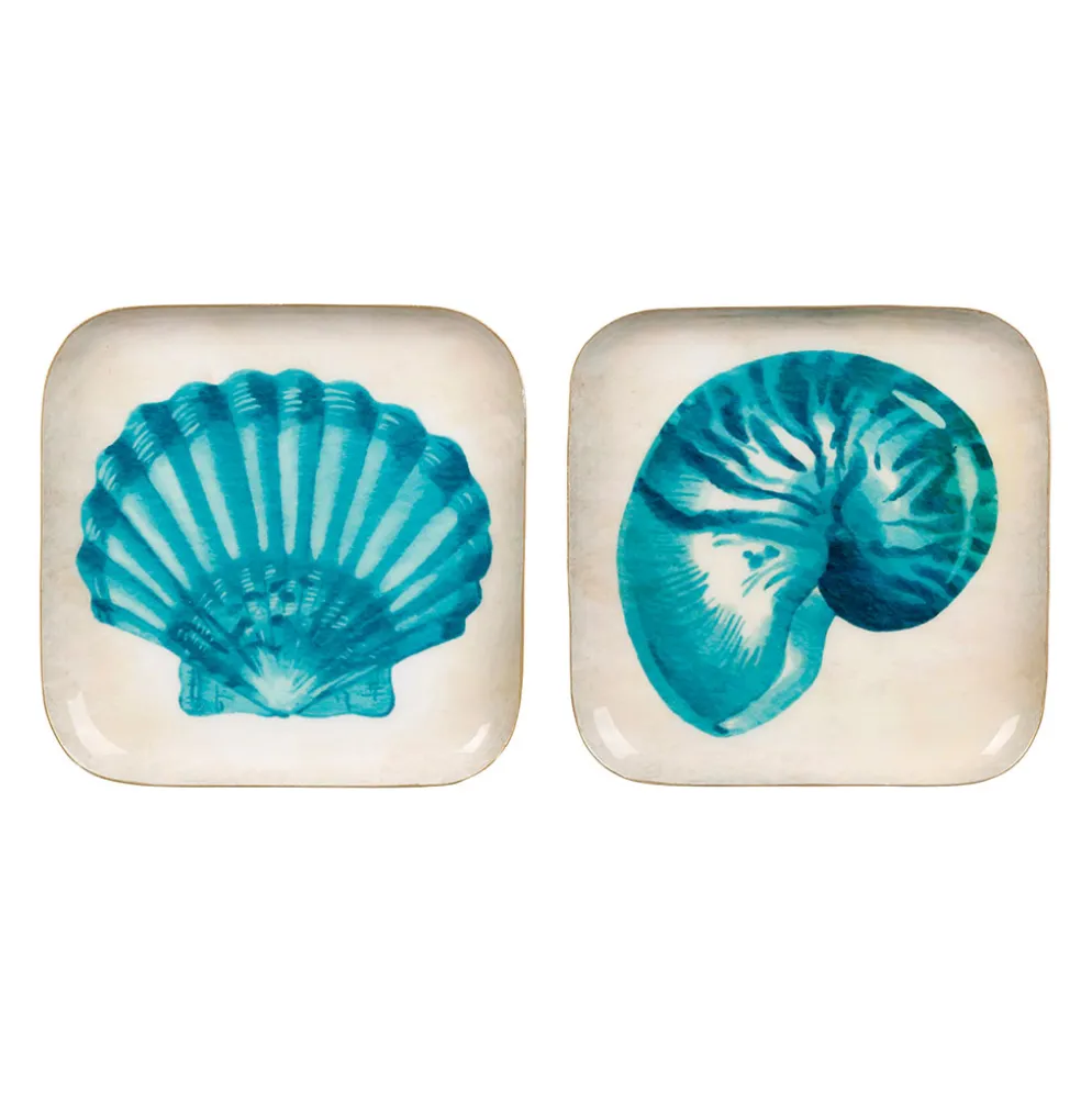 Plateaux carrés coquillage x2 en fer turquoise 16x16cm
