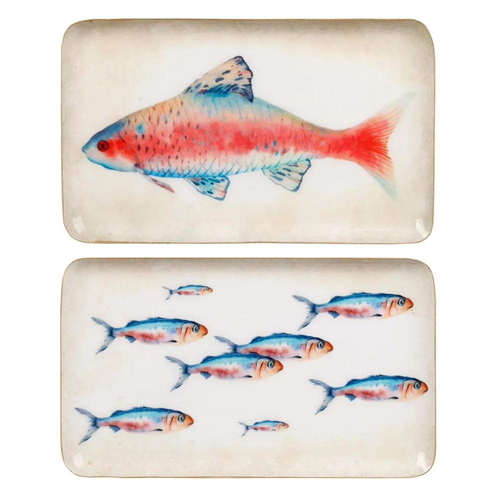 Plateaux poisson x2 en fer corail et bleu 26x16cm - Bord de mer