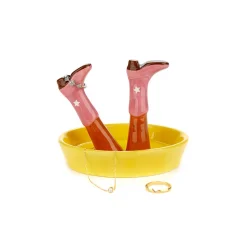 Porte-bagues bottes country en céramique rose et jaune