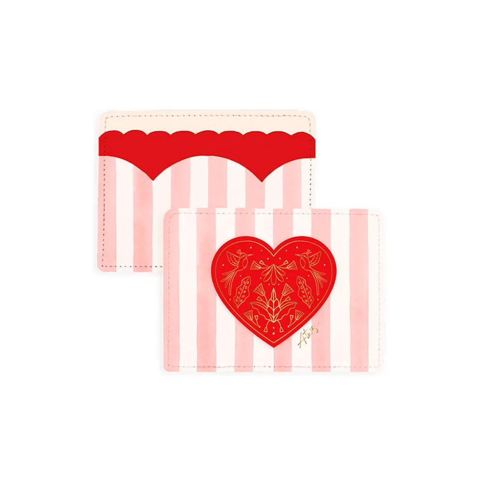 Porte-cartes cœur rayé rose et rouge