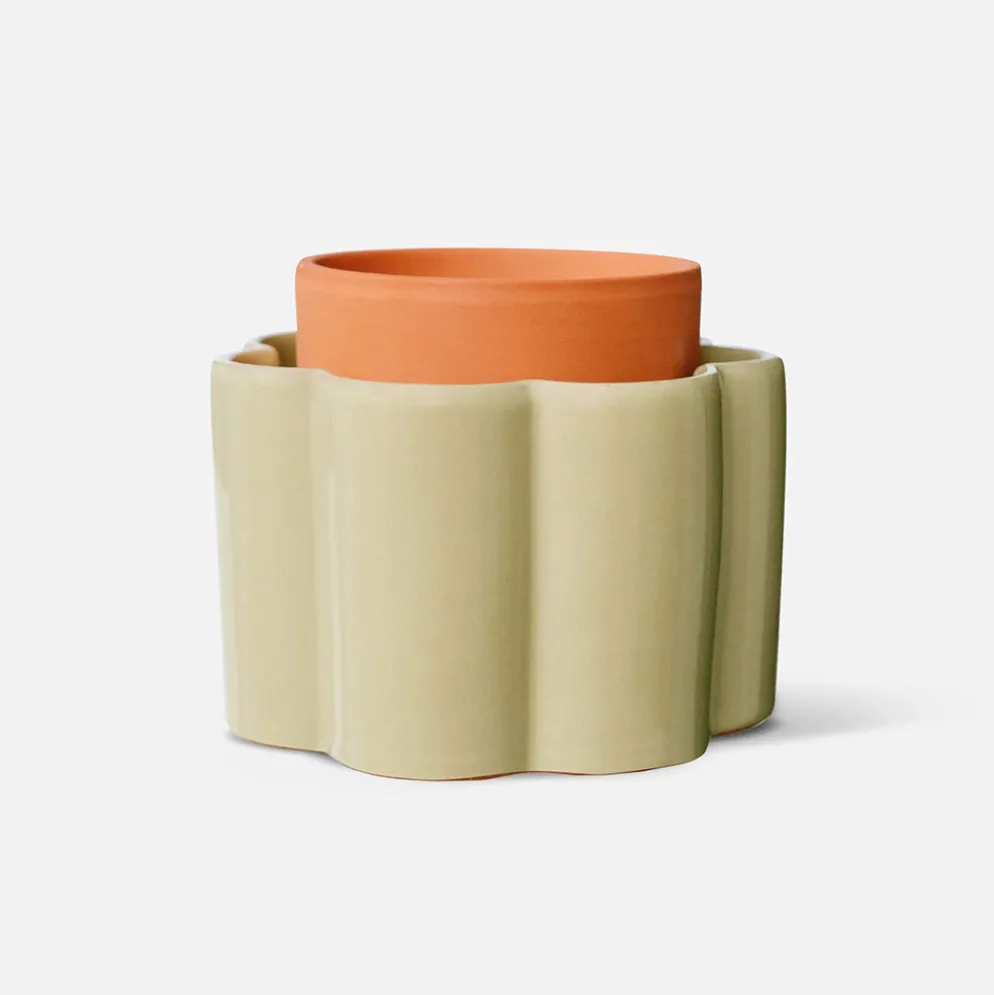 Pot auto-arrosant en céramique vert sauge et argile d14cm - Paulita