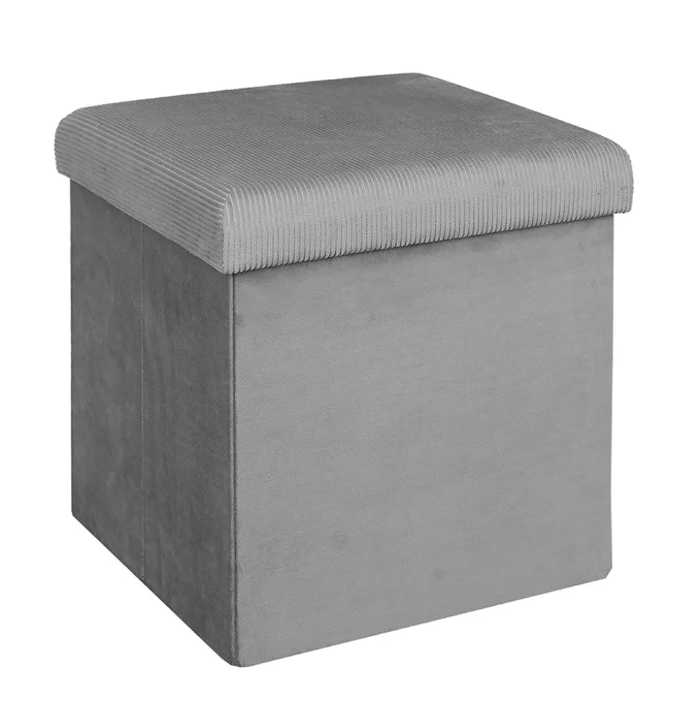 Pouf coffre pliable en velours côtelé gris - Julia