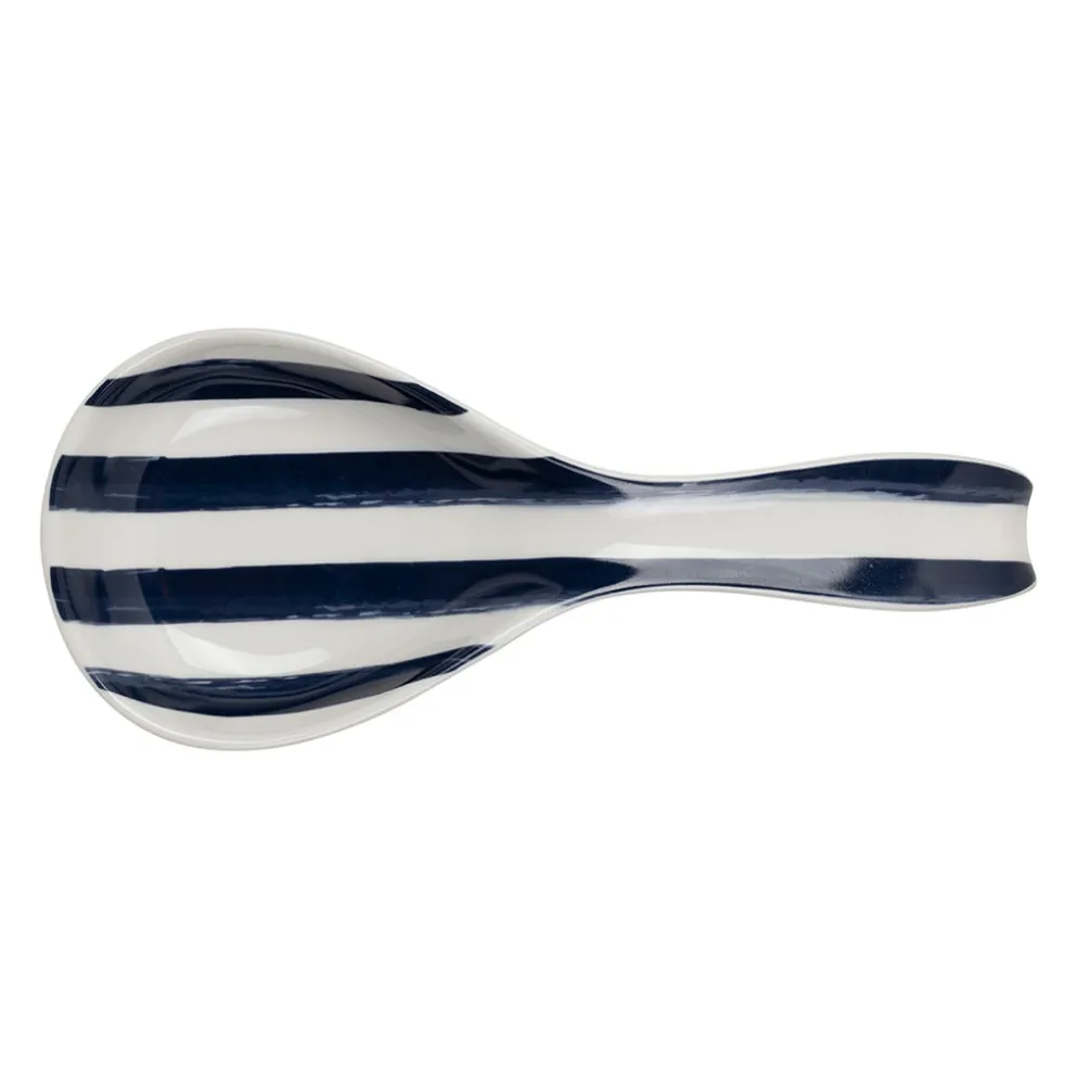 Repose cuillère en porcelaine rayé indigo et blanc - Medi
