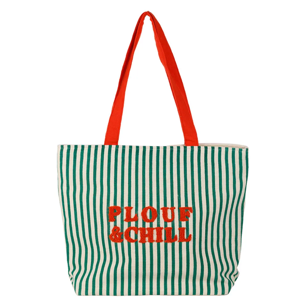 Sac brodé "plouf&chill" en coton rayé vert et rouge - Plouf&Sun