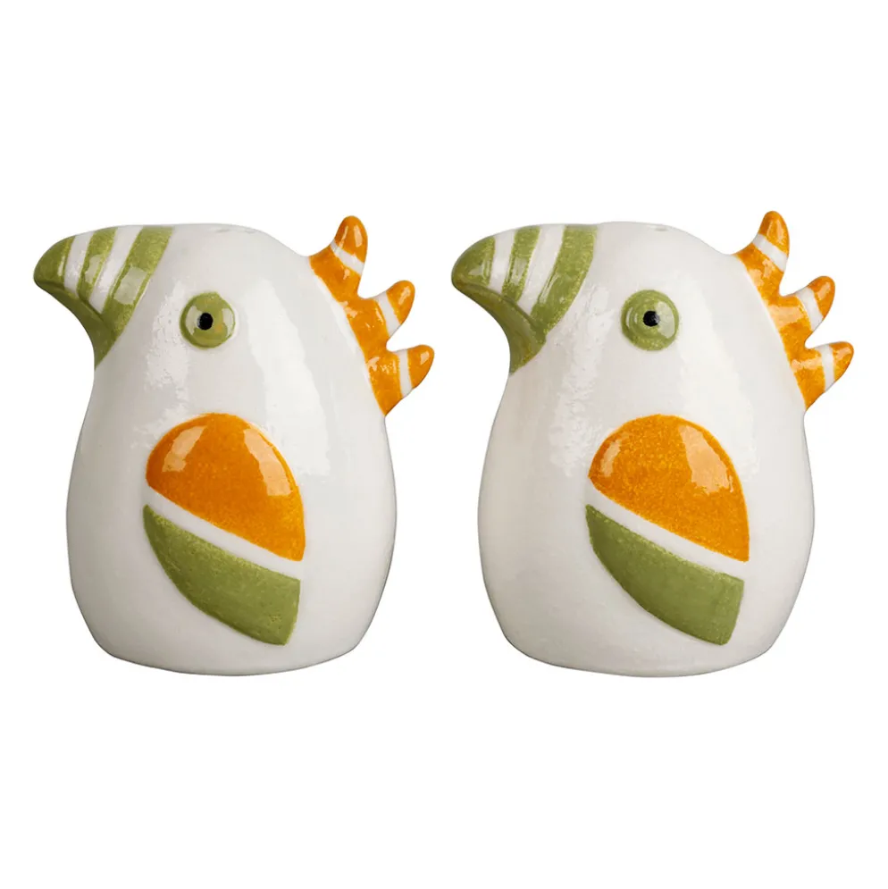Salière et poivrière oiseau en grès vert et moutarde - Calao