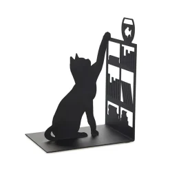 Serre-livres chat qui pêche en métal noir