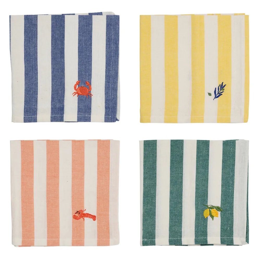 Serviettes de table x4 en coton rayé bleu, jaune, corail et vert 45x45cm - Plouf&Sun