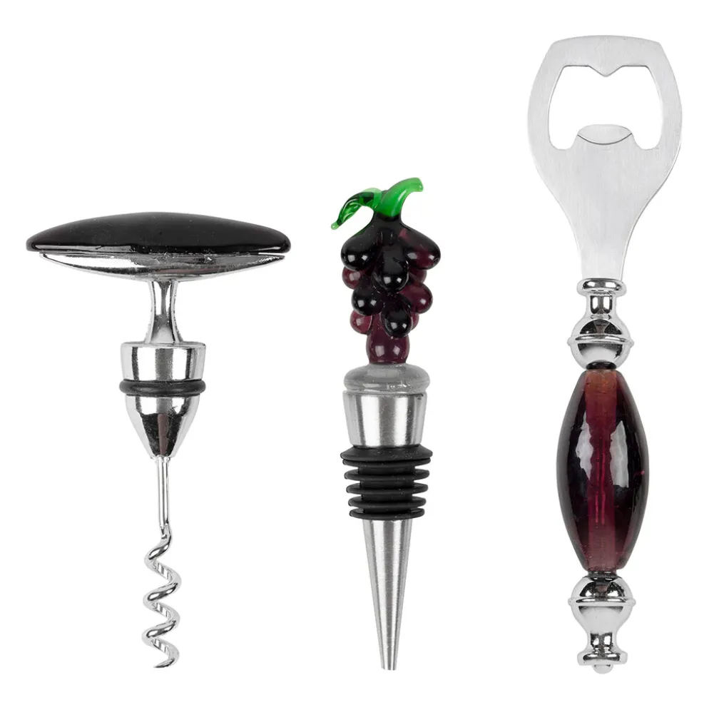 Set 3 accessoires pour le vin en verre et inox - Raisin