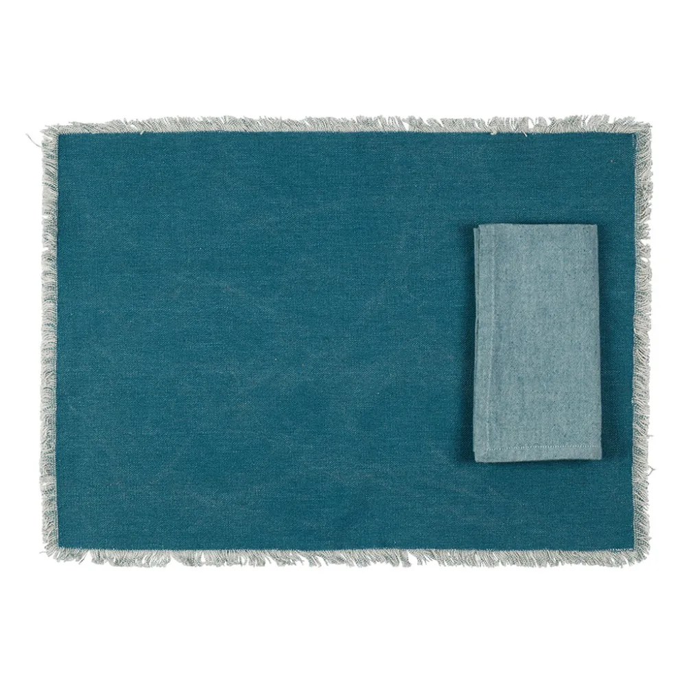Sets de table et serviettes (x4) en coton bleu canard - Nemesia