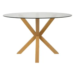 Table à manger ronde en verre trempé et métal naturel d119cm - Adela