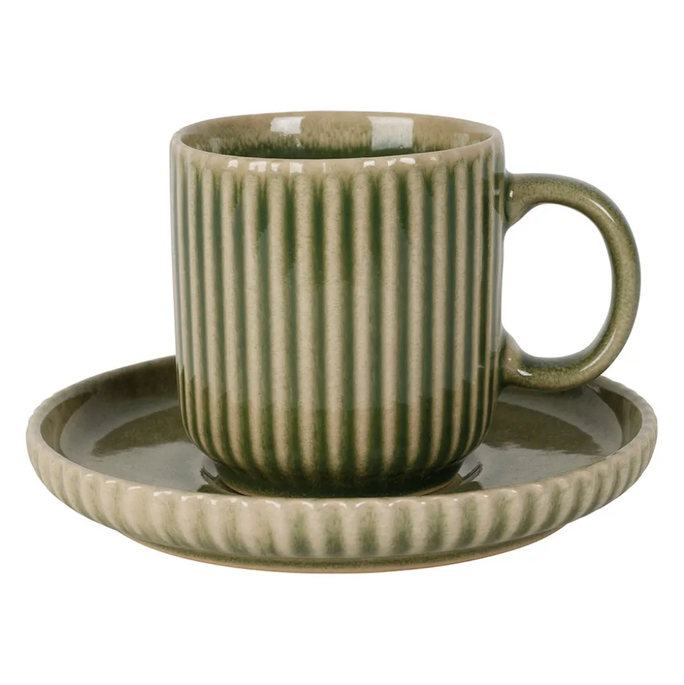 Tasse à thé et sous-tasse en grès rayé sauge 20cl - Carla