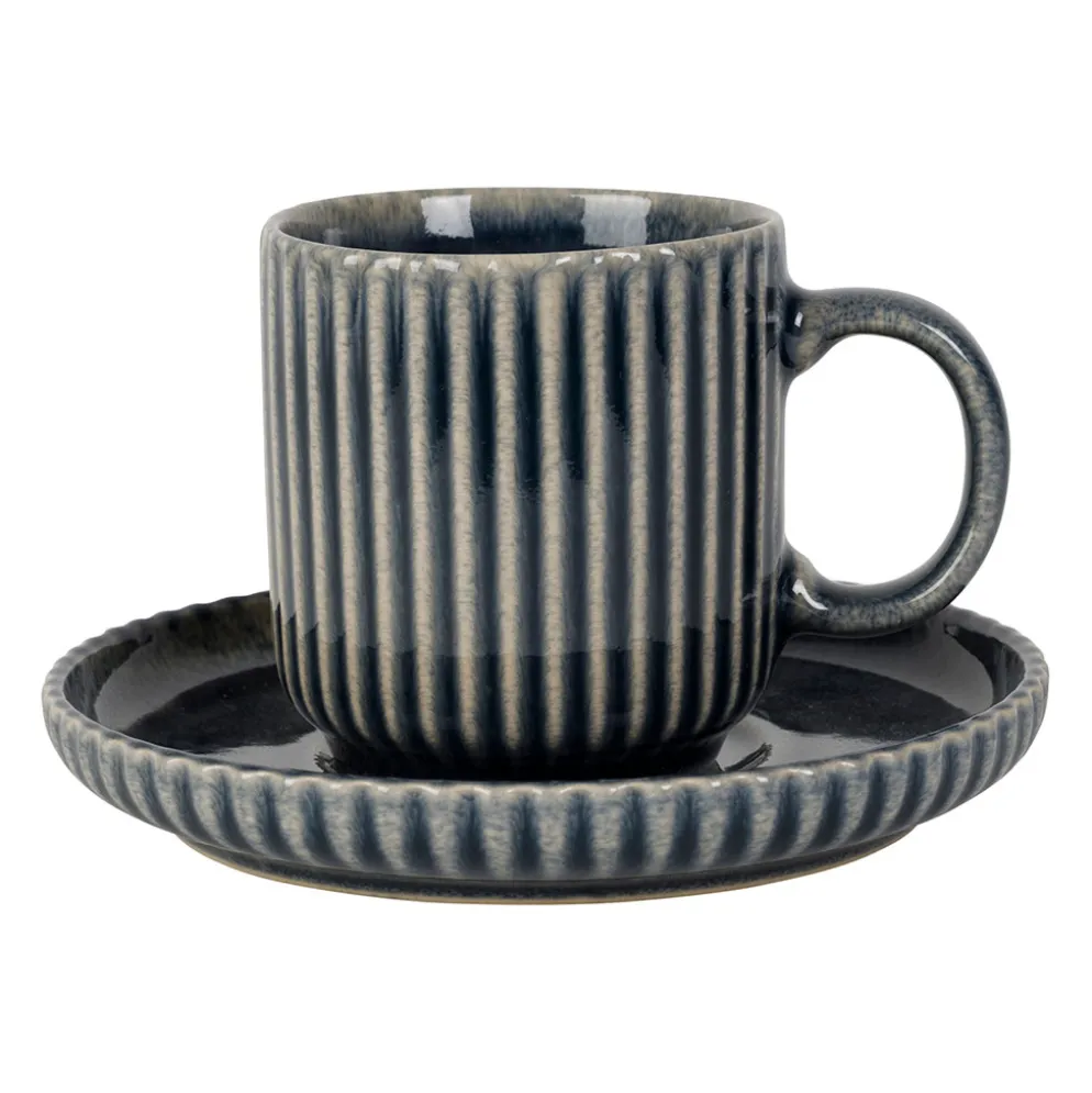 Tasse à thé et sous-tasse en grès rayé bleu 20cl - Carla