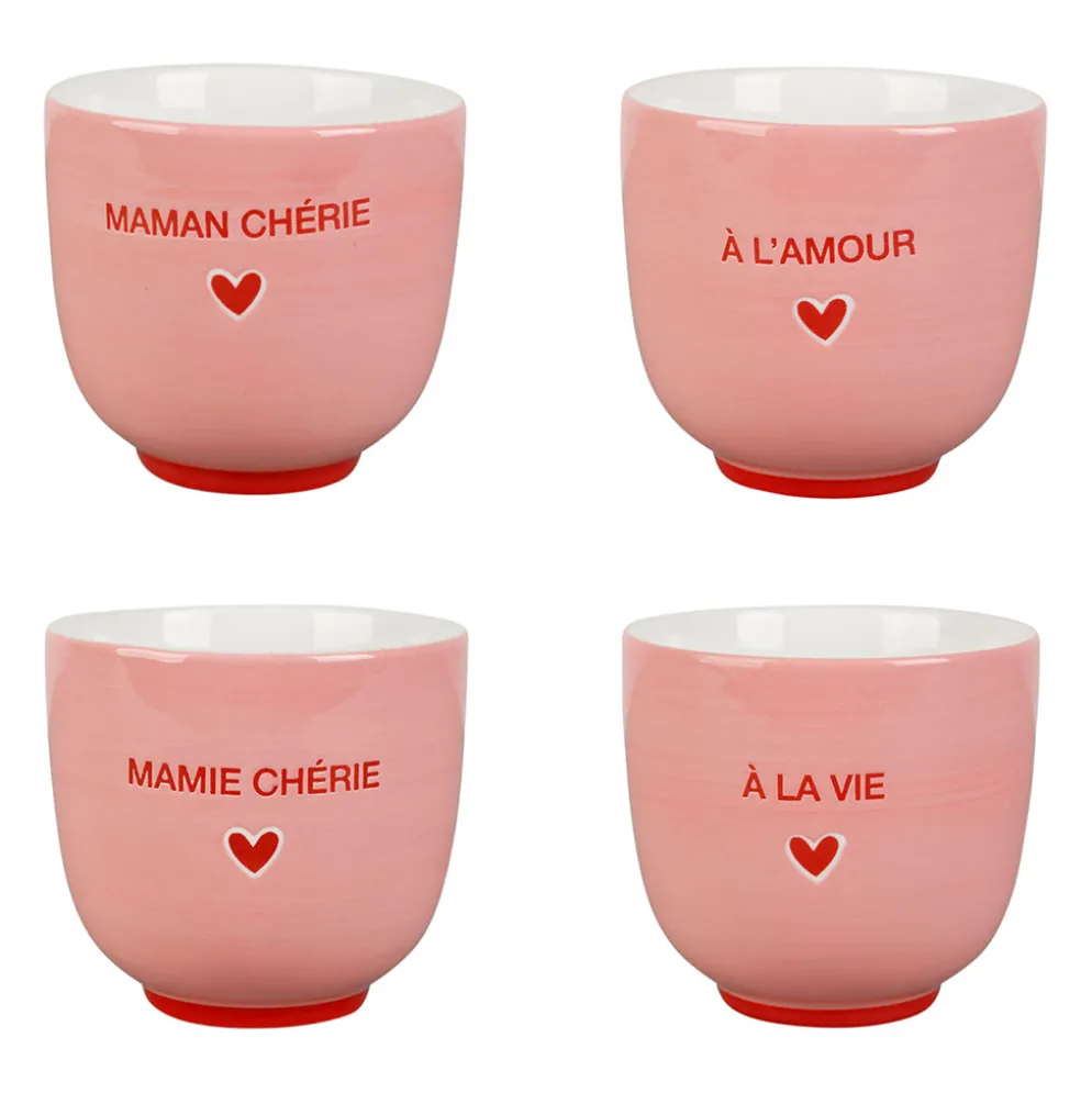 Tasses à café x4 en céramique rose et rouge 15cl - Douce amour