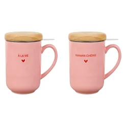 Tisanières x2 en céramique rose et rouge avec filtre 45cl - Douce amour