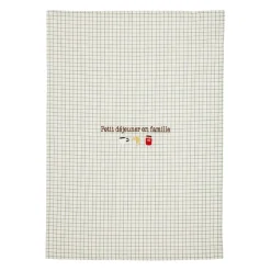 Torchon brodé en coton vert et écru 50x70cm - Réveil gourmand