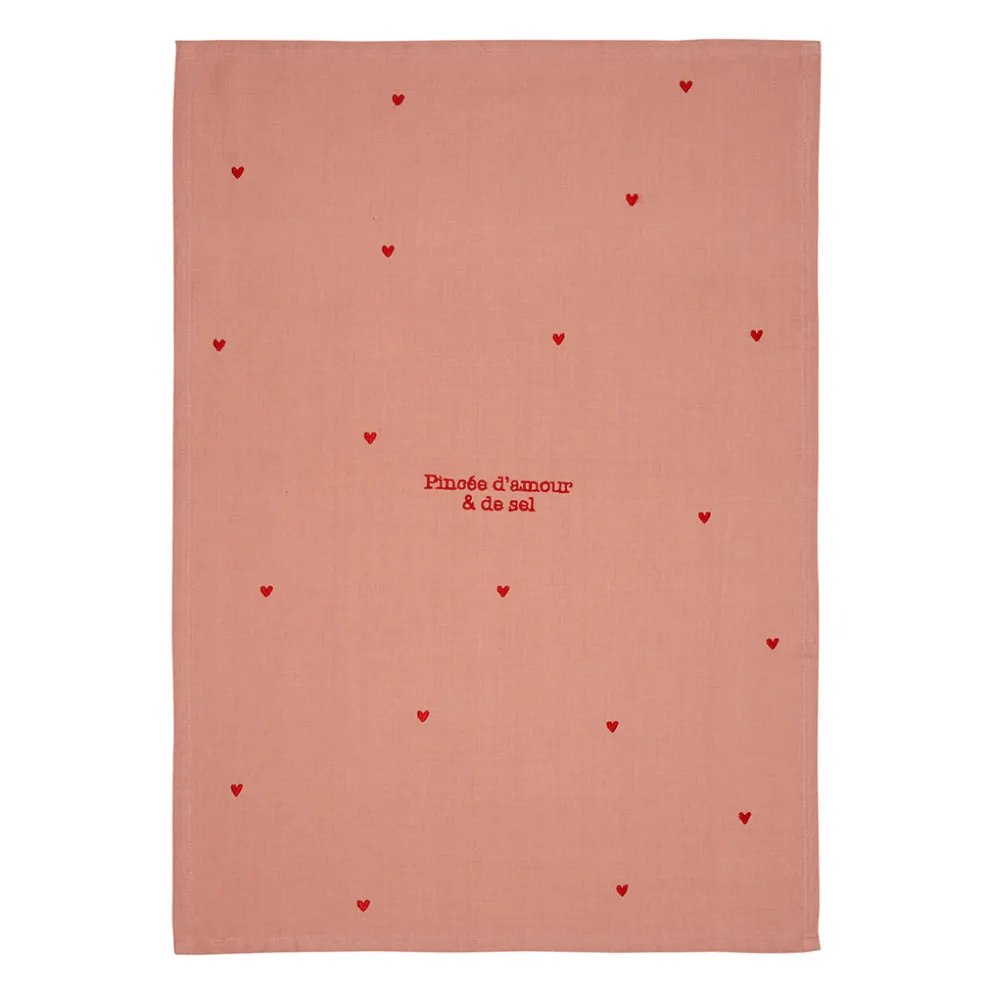 Torchon en coton rose et rouge 50x70cm - Douce amour
