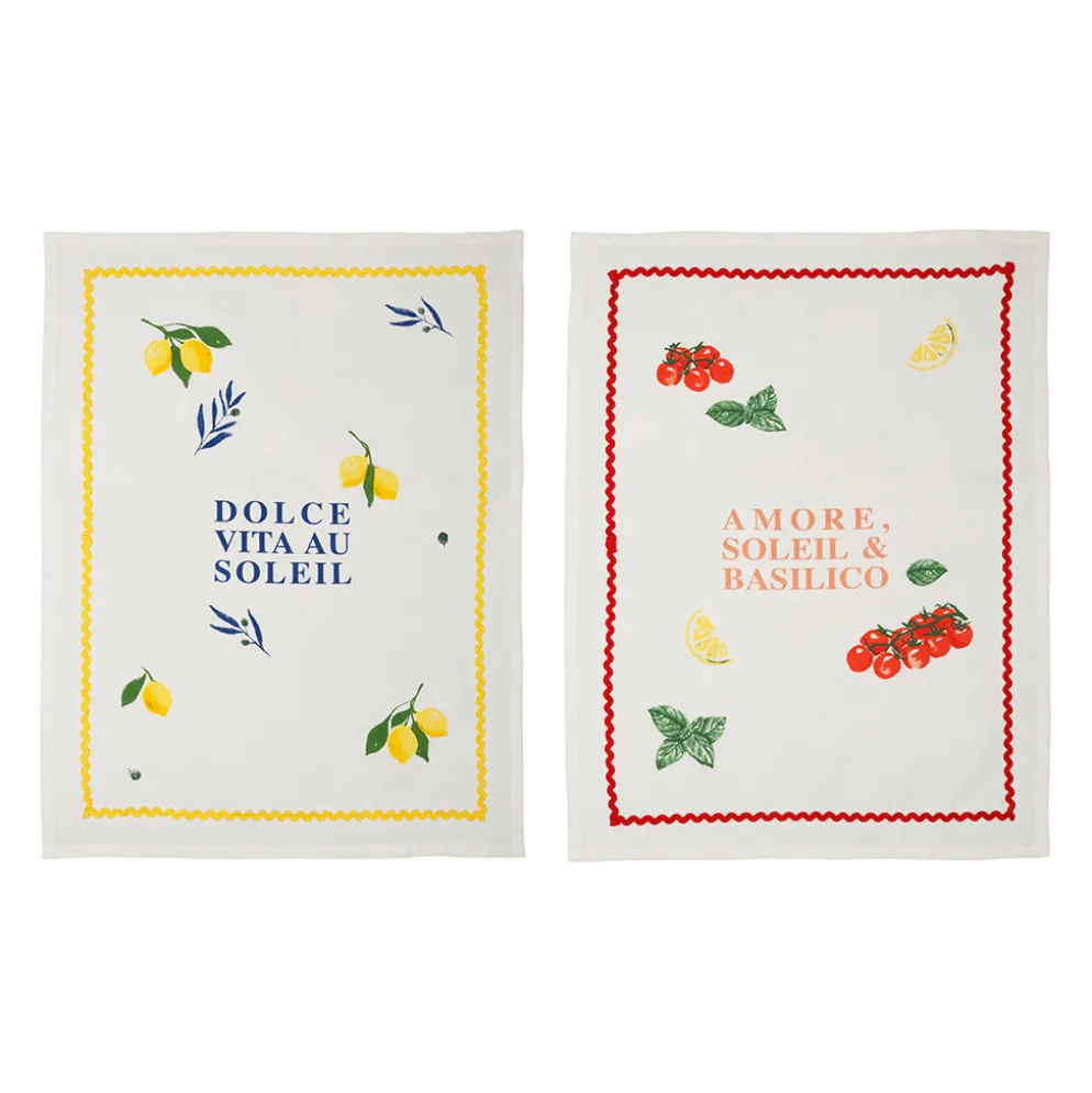 Torchons x2 en coton rouge et jaune 50x70cm - Solencia