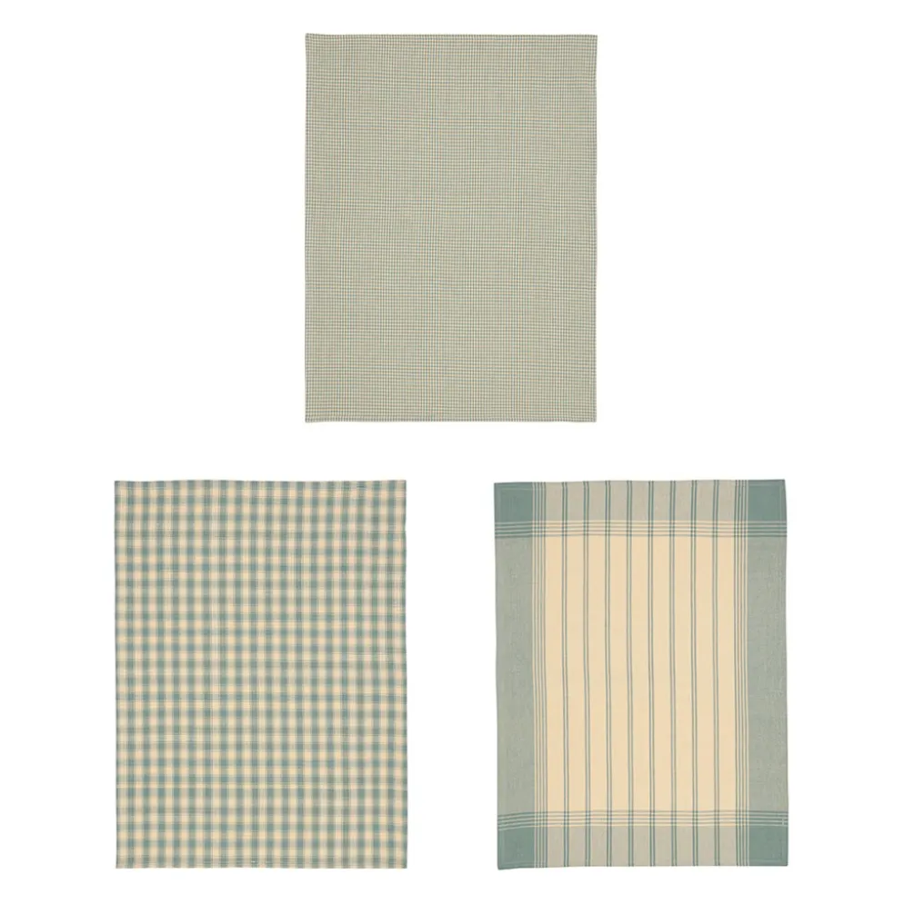Torchons x3 en coton vichy et rayé sauge 50x70cm - Campagne