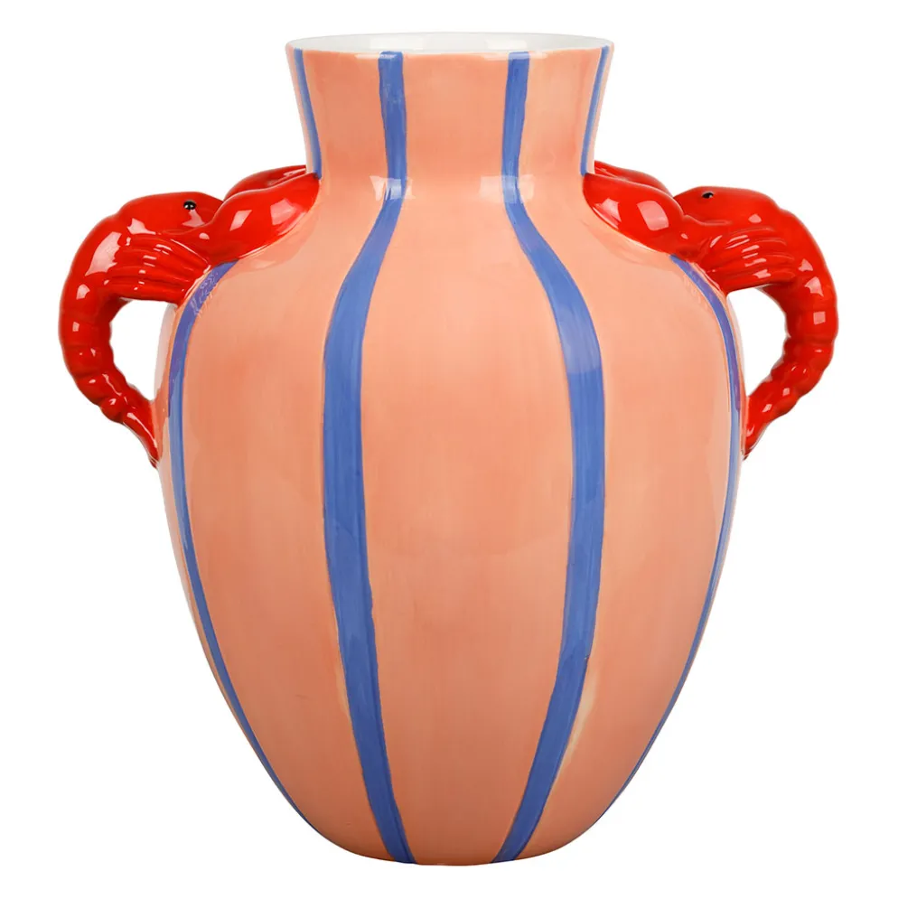 Vase homards en grès rayé pêche et bleu h25cm - Jungle pop