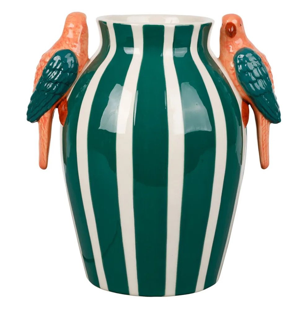 Vase perroquets en grès rayé vert et blanc h22cm - Jungle pop