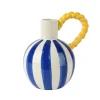 Vase rayé en grès bleu avec anse jaune h21cm